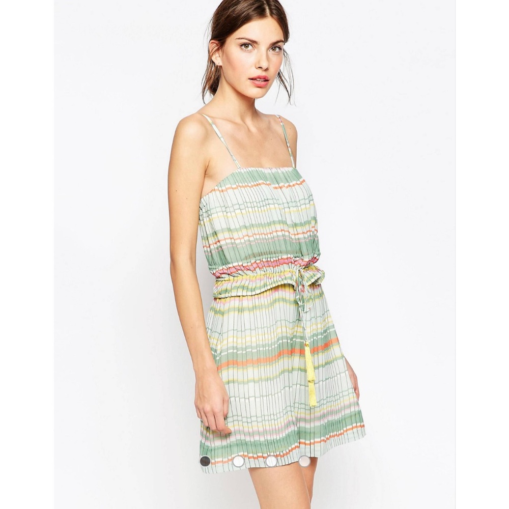 See By Chloe Pleated Striped Dress With Tassle Tie, Size 8